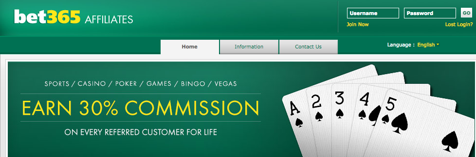 Bet365 affiliates banner advertising 30% commission on all referred customers for life